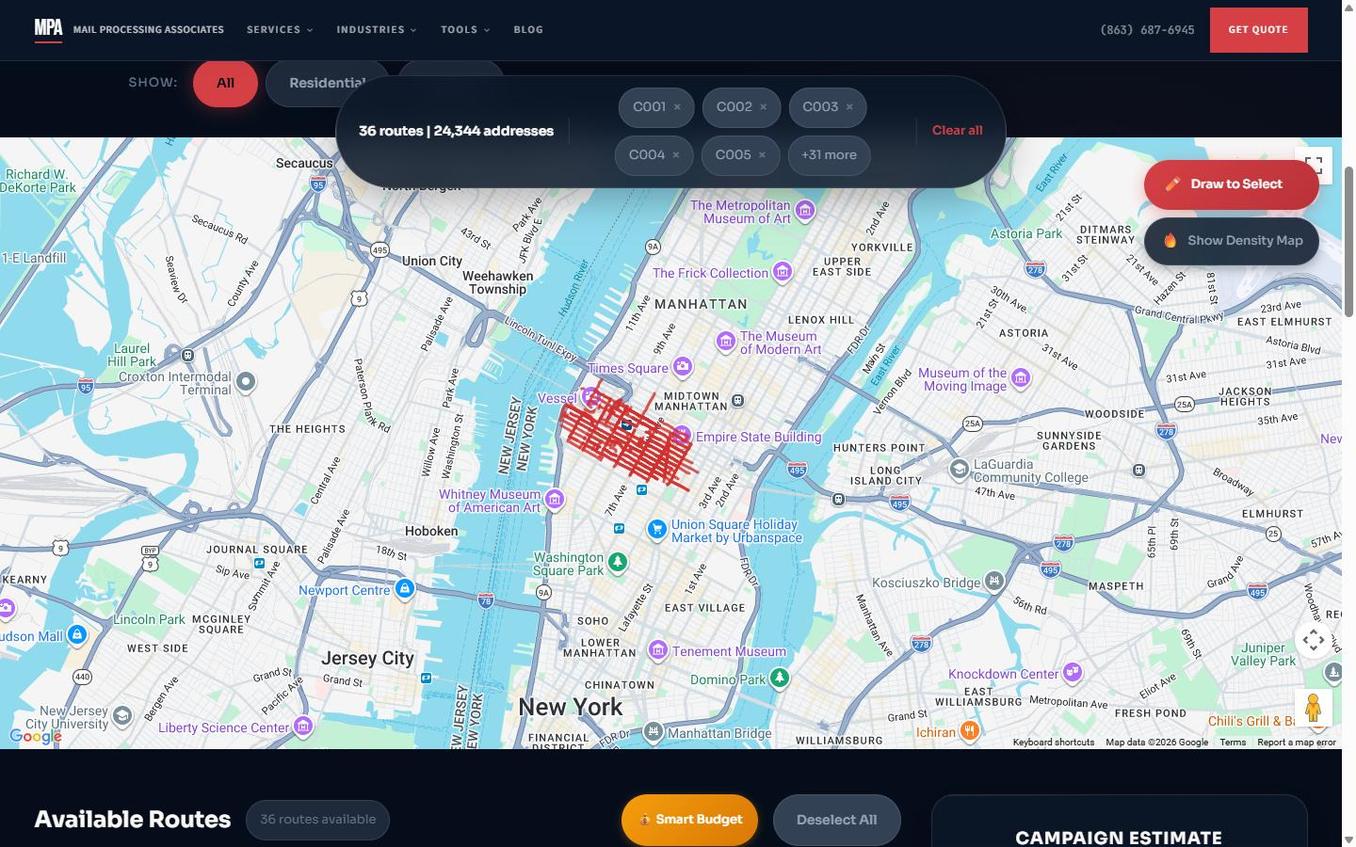 MPA EDDM Route Planner showing 36 carrier routes selected across Manhattan, NYC — search by ZIP, draw coverage areas, filter demographics